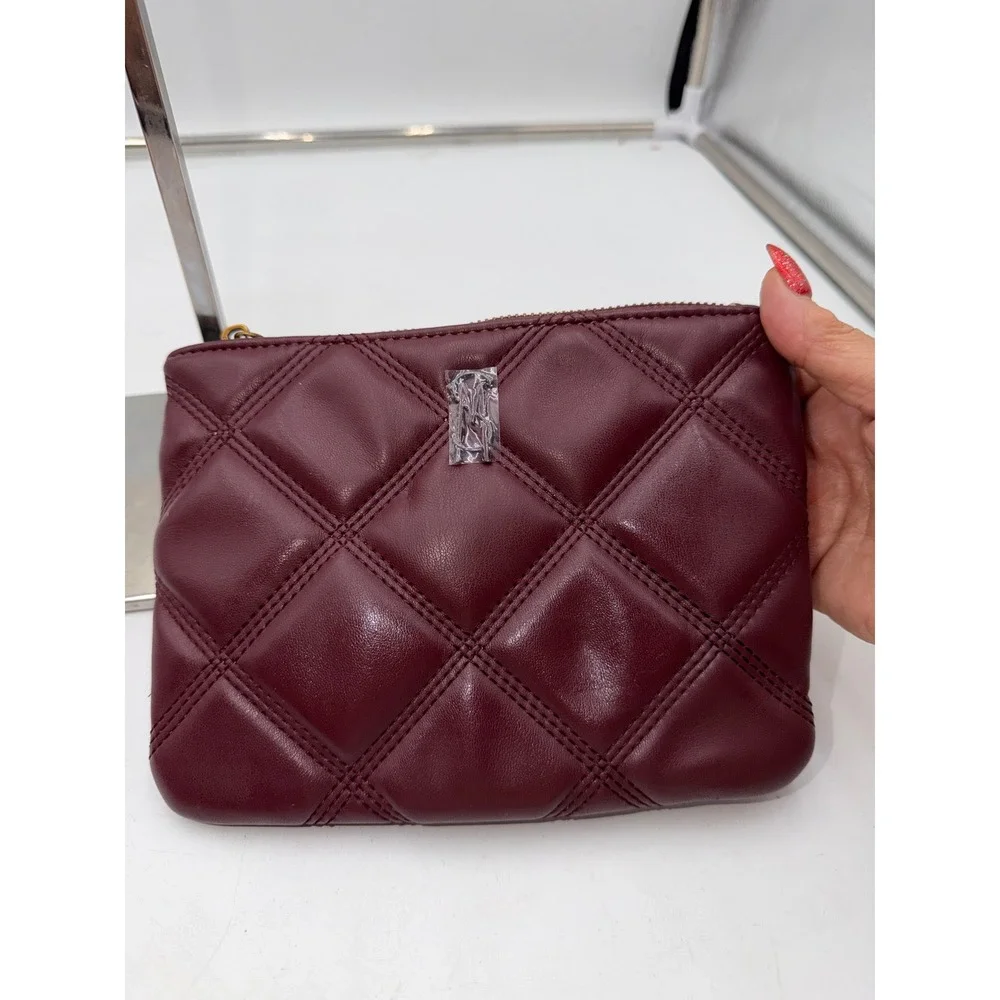 Steve Madden Burgundy Quilted Pouch Diamond Stitch Gold Hardware Clutch Bag